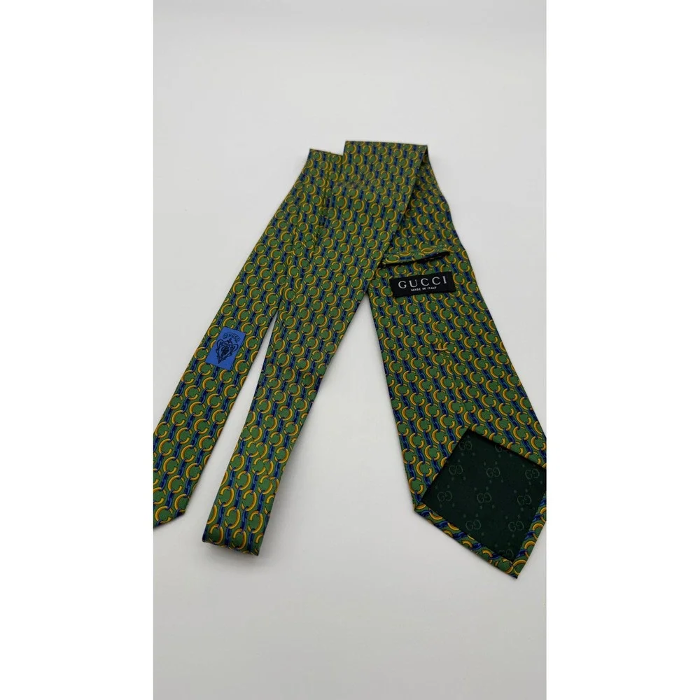Vintage Gucci Silk Tie Green Yellow Blue Interlocking Chain Link Made in Italy